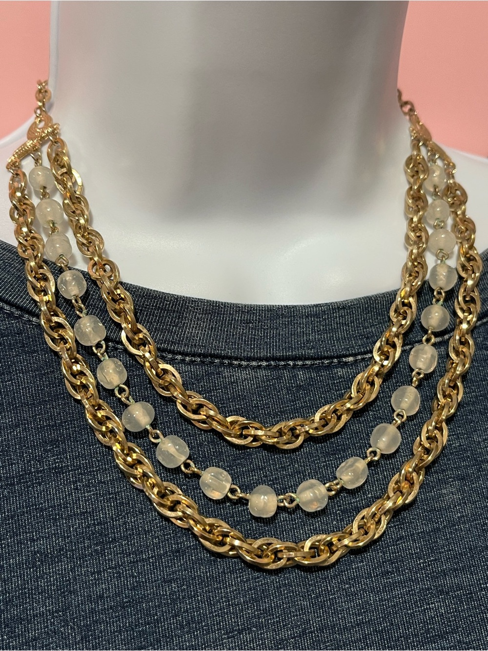 Adjustable Vintage Gold-Tone Multi-Strand Chain Necklace with Translucent Beads